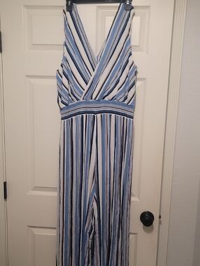 AGB Blue, Navy, White And Tan Striped One-Piece Romper